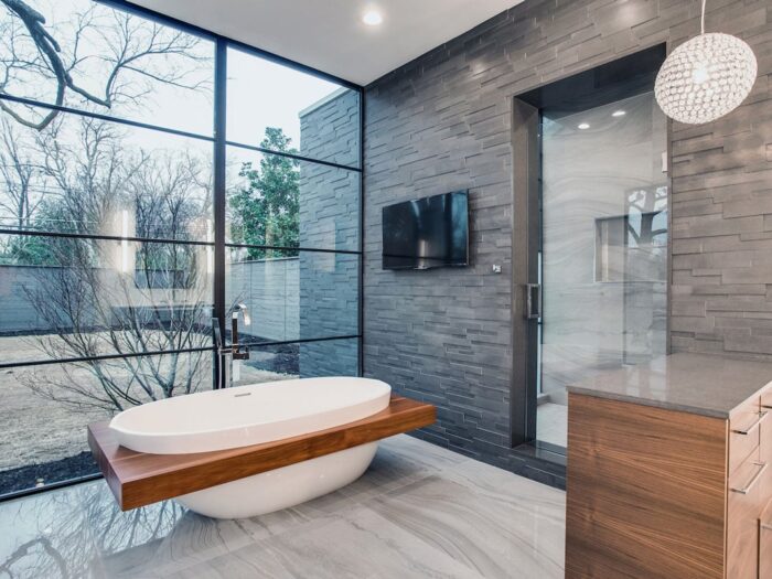 Aksent 3D Grey Basalt Stacked Stone Residential Bathroom