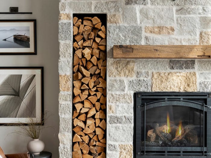 Fireplace created with alpine trail natural stone veneer and flush mortar technique